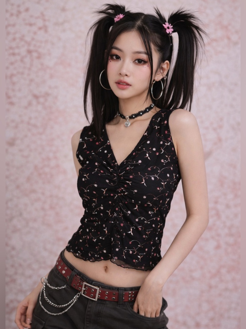 Y2K Medium Semi Sheer Embroidered Floral 
 Black Mesh Lettuce Trim Tank Top